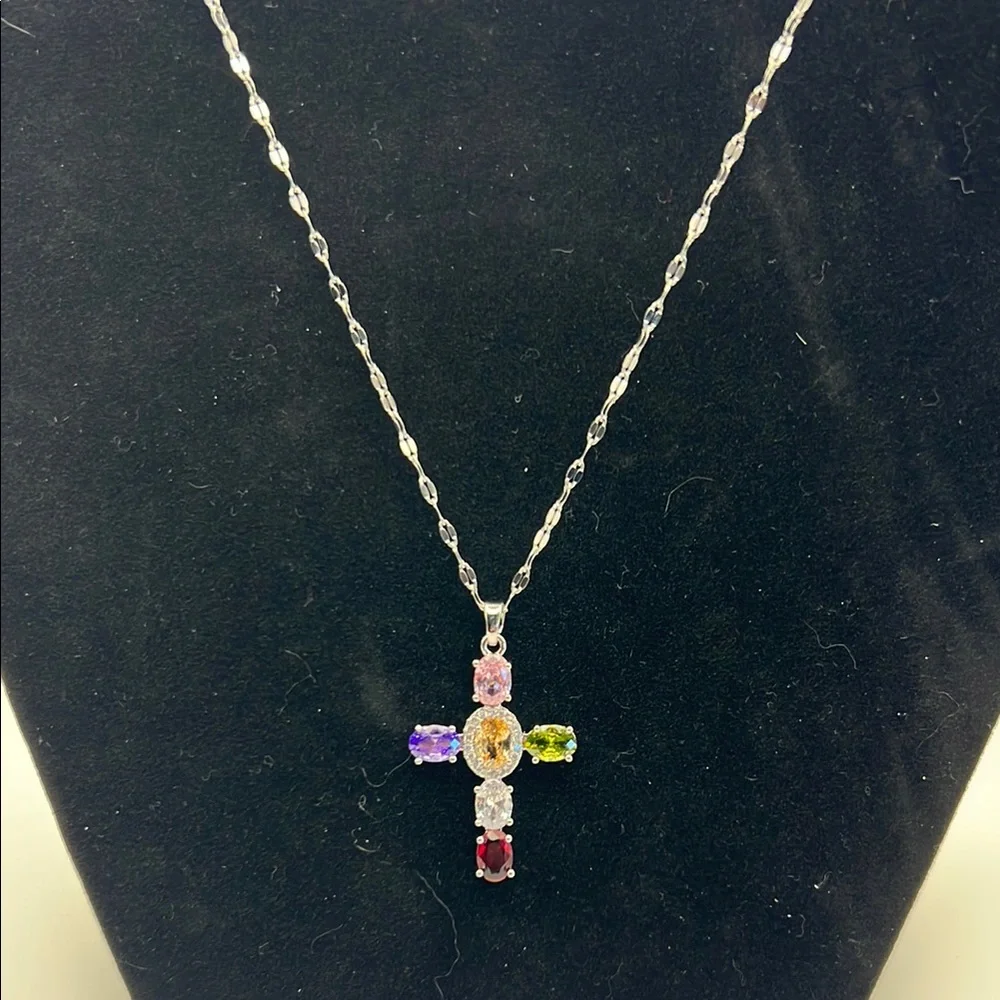 Stainless Steel Silver Multicolor Gemstone Cross Necklace - Picture 3 of 5